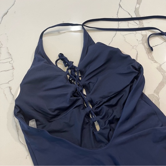 AERIE one piece navy blue swimsuit women’s large lace front low back high waist - Picture 9 of 10